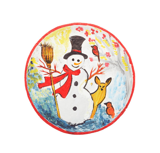 White & Red - Snow Man with Deer & Tree - Thali for the Wall Hanging