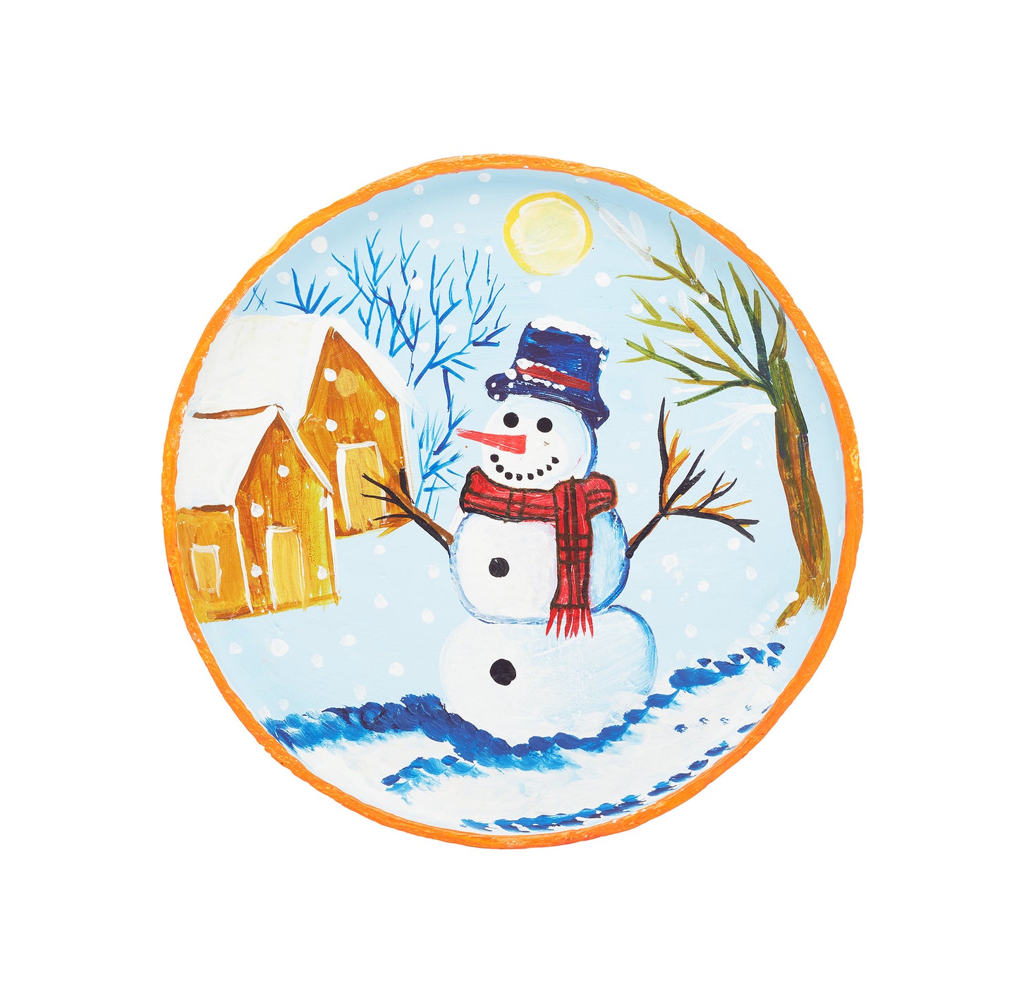 Snow White & Tiger Orange - Snow Man with Tree & House - Thali for the Wall Hanging