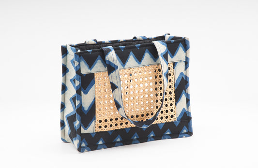 Cane Bag -  Black, Powder Blue Fabric  with Intricate Cane Work.