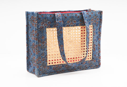 Blue Color Fabric with Intricate Cane Work - Side Bag