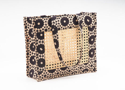 Cane Bag - Black Color Fabric with Intricate Cane Work.