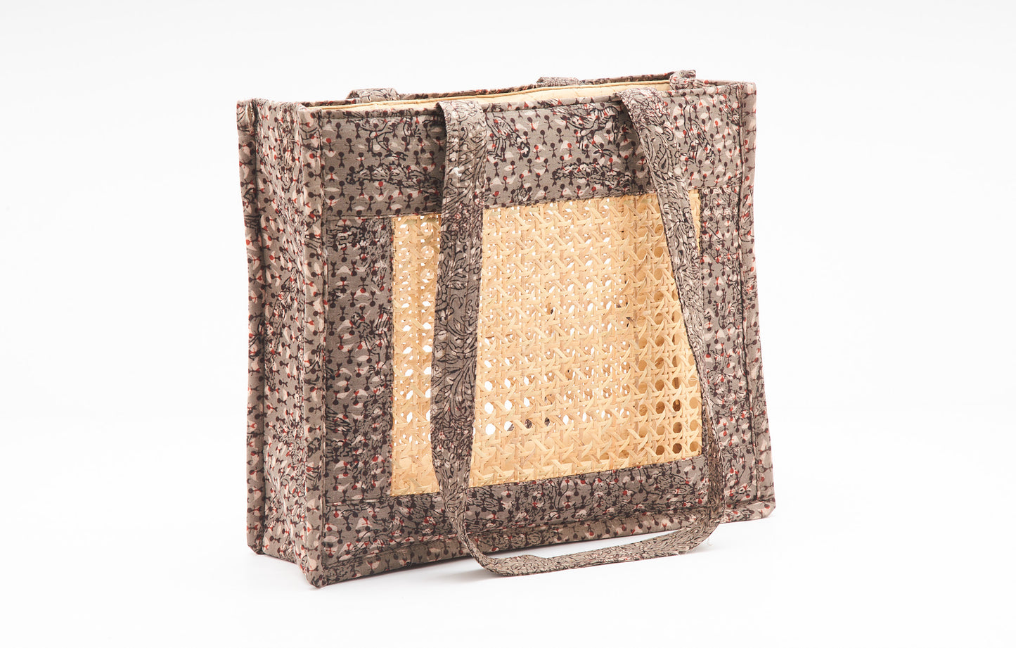 Cane Bag - Gray Color Fabric with Intricate Cane Work.