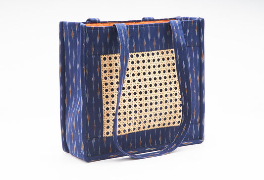 Denim Blue  Fabric with Intricate Cane Work - Side Bag