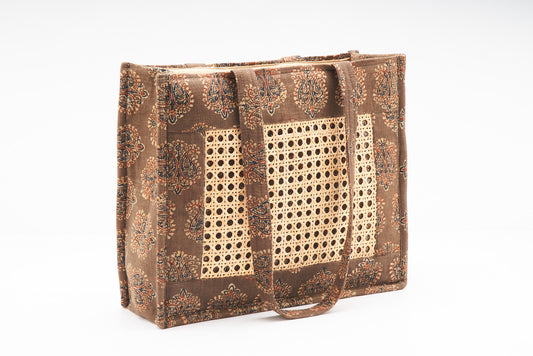 Brown Fabric with Intricate Cane Work - Side Bag