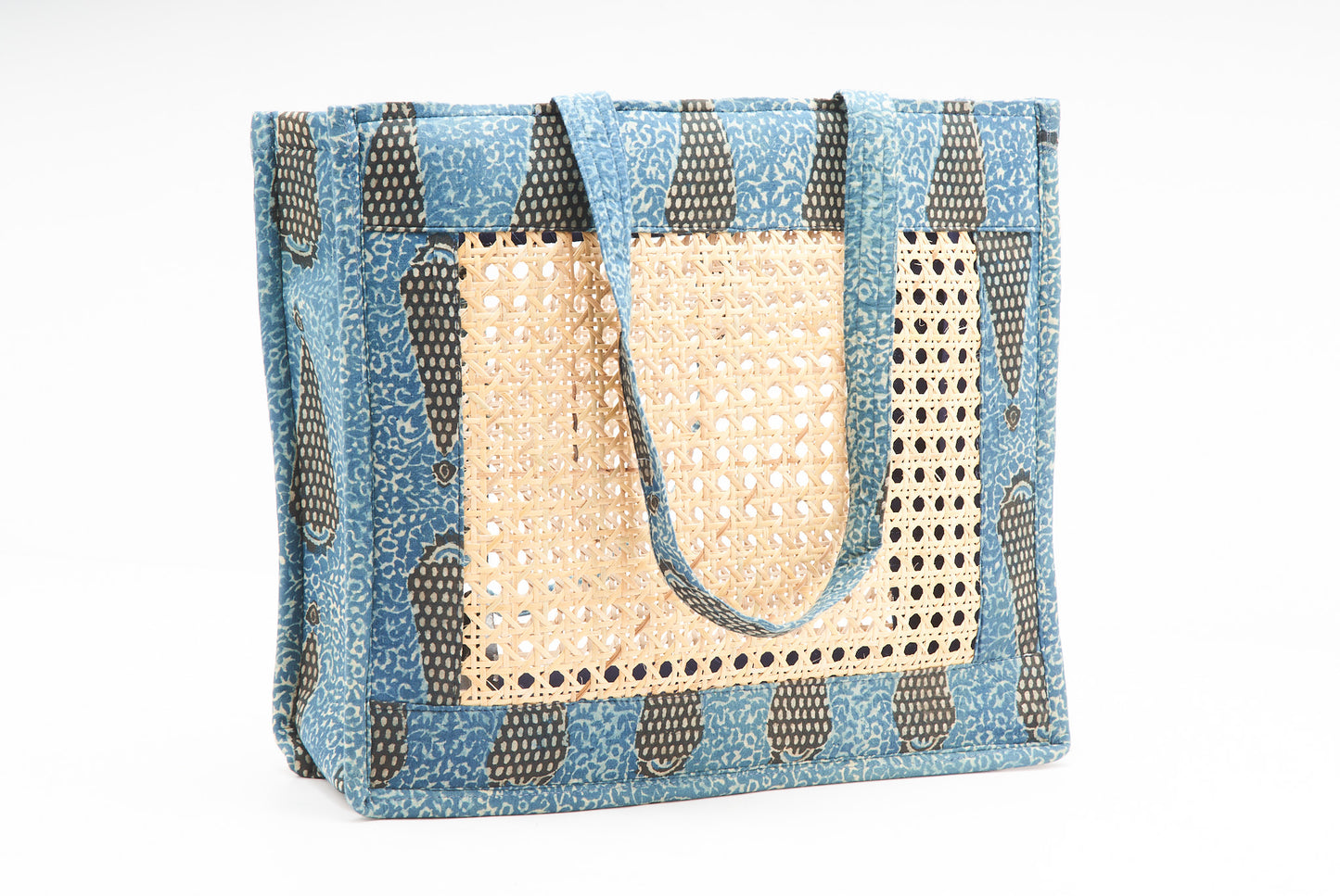 Cane Bag -  Blue Color Fabric  with Intricate Cane Work.