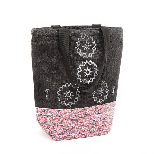 Charcoal Black Jute Bag with Block Print Design Multi-Colored (Waste Plastic) bottom lining