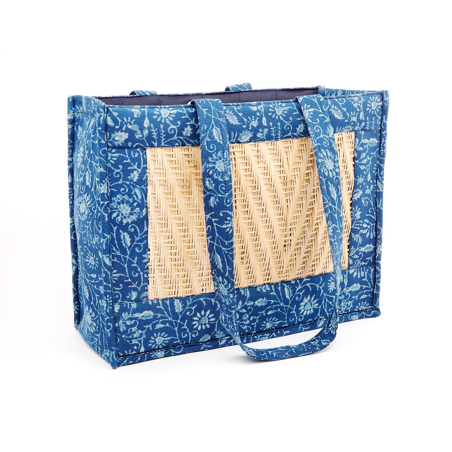 Beautiful Sea Blue Recycled Fabric Bags with Cane Work- Recycled Carry Bag
