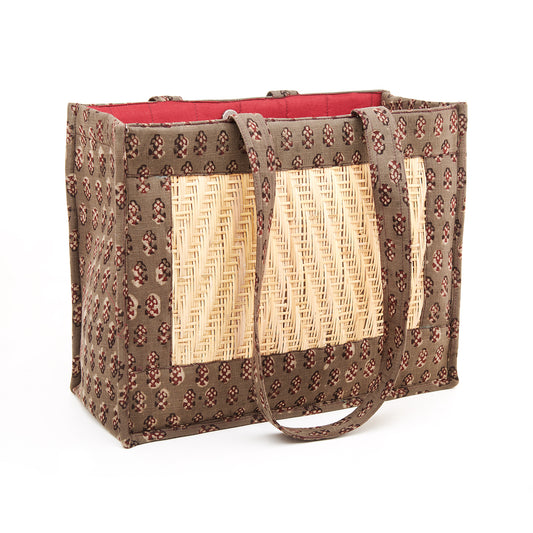 Peanut Brown Colored Fabric Bag, with Bagh Printing and Intricate Cane Work.