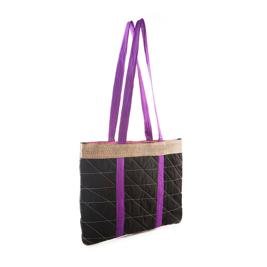 Black Colored With Purple Colored Belt Recycled Fabric Bag on - SUPER SALE!!!