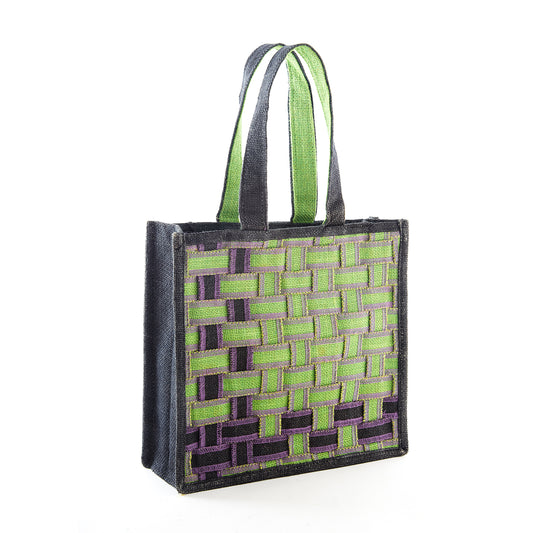 Vibrant Green on Black - Jute Bag, on - SUPER SALE!!!