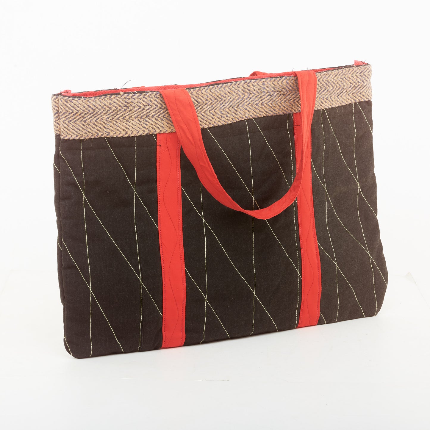 Black Colored With Red Colored Belt Recycled Fabric Bag on - SUPER SALE!!!
