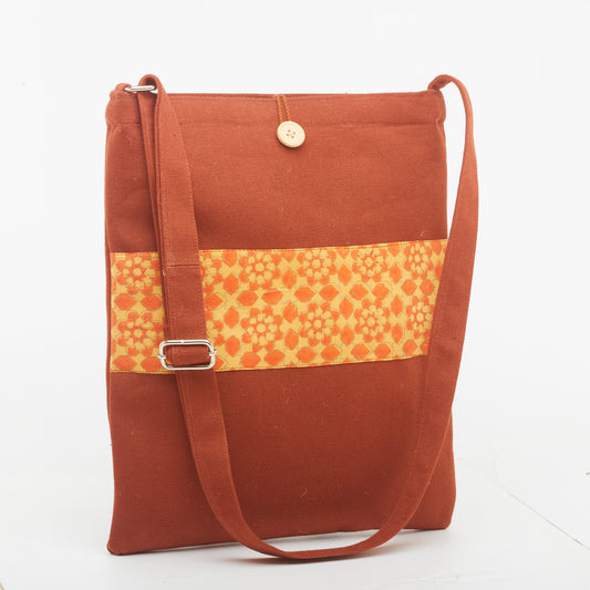 Brown & Orange with Flower Print - Canvas Bag