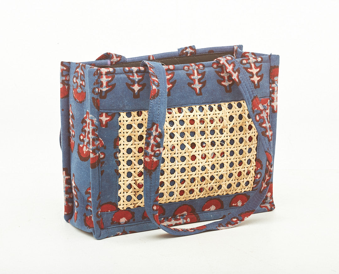 Navy Blue Colored Fabric Bag, with Intricate Cane Work.
