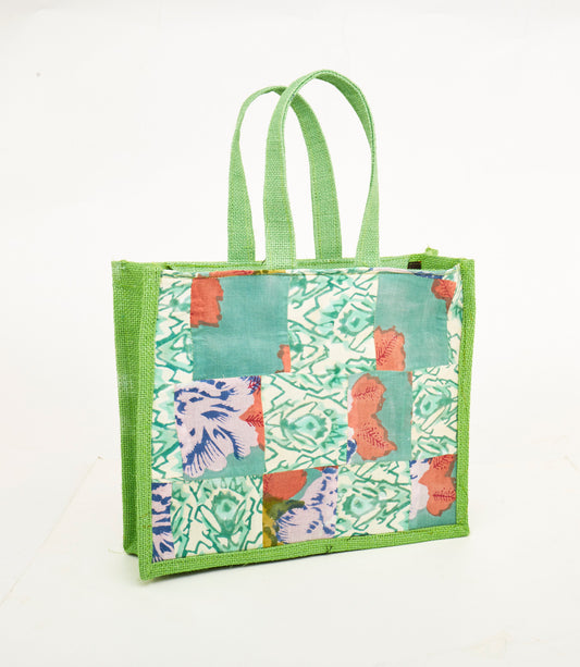 White & Teal Green - Patch with Fabric & Jute - Lunch Bag