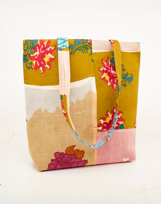 Mehndi Green, Yellow White & Pink - Recycled Fabric Patch Work Tote Bag