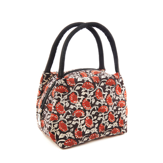 Coal Black Colored with Flower Design Lunch Bag - Made of Waste Fabric