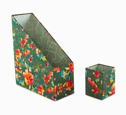 Basil Green Colored Flower - Magazine Holder with Pen Stand