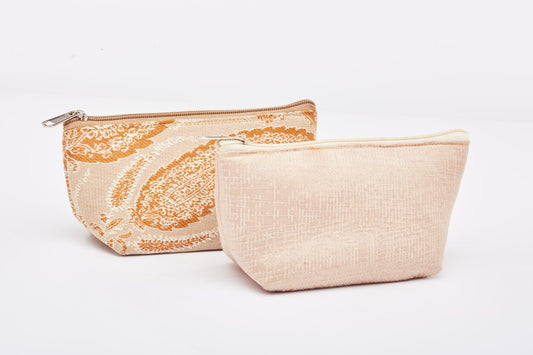 Front Pouch - White , Back Pouch - Cream With Orange Design  - Set Of 2