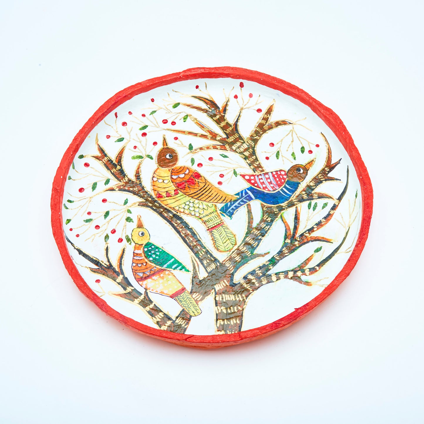 Bird sitting on the tree on a Berry Red & White - Thali Small