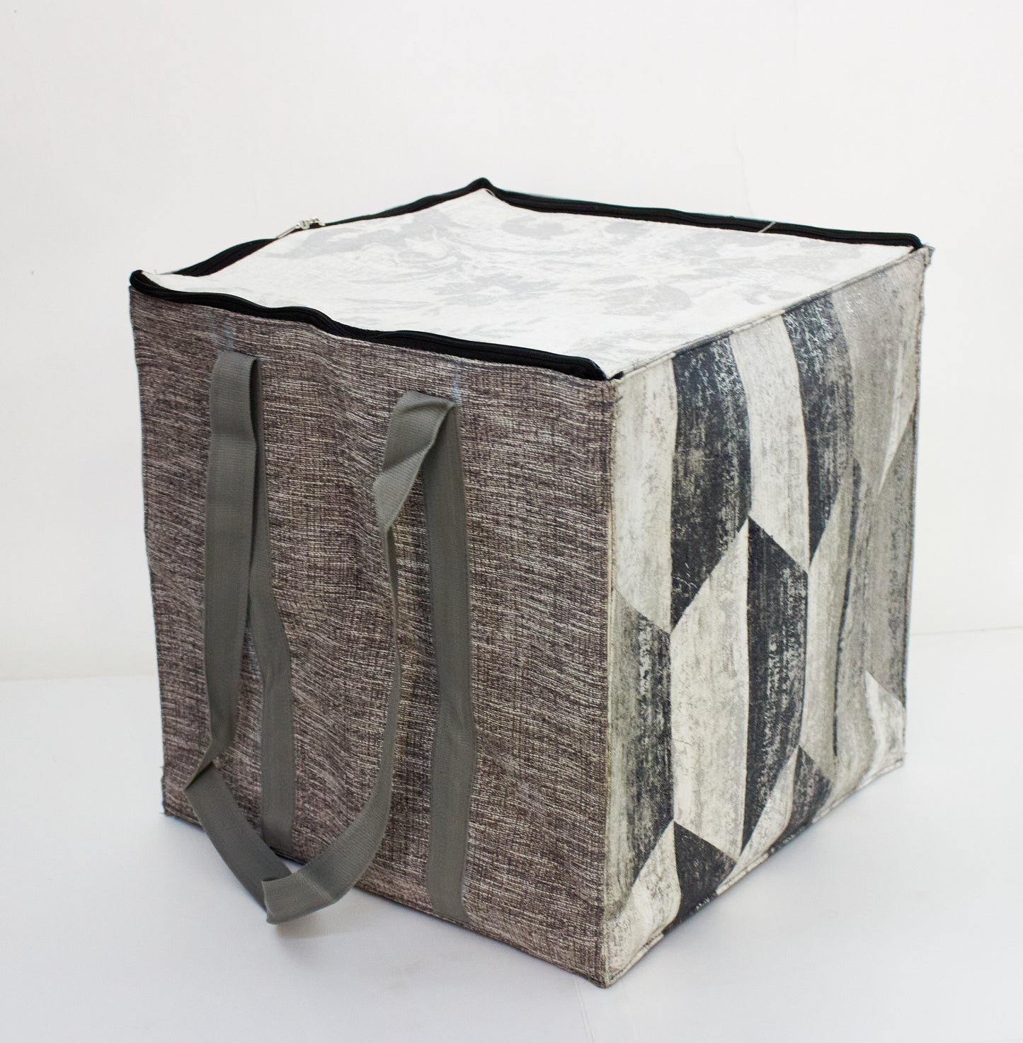 Black & White with Grey Handle -Foldable Box Bag - Made by People with Disabilities