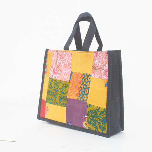 Yellow & Pink - Recycled Fabric Patch Work with Jute Bag