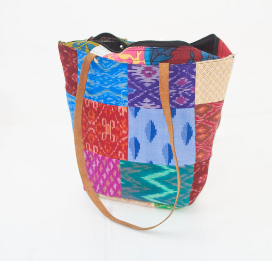 Multi Colored with Patch Work Tote Bag with Leather handle