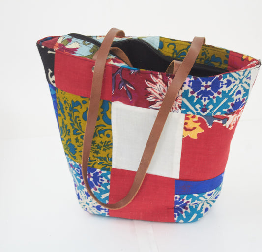 Multi Colored with Patch Work Tote Bag with Leather Handle