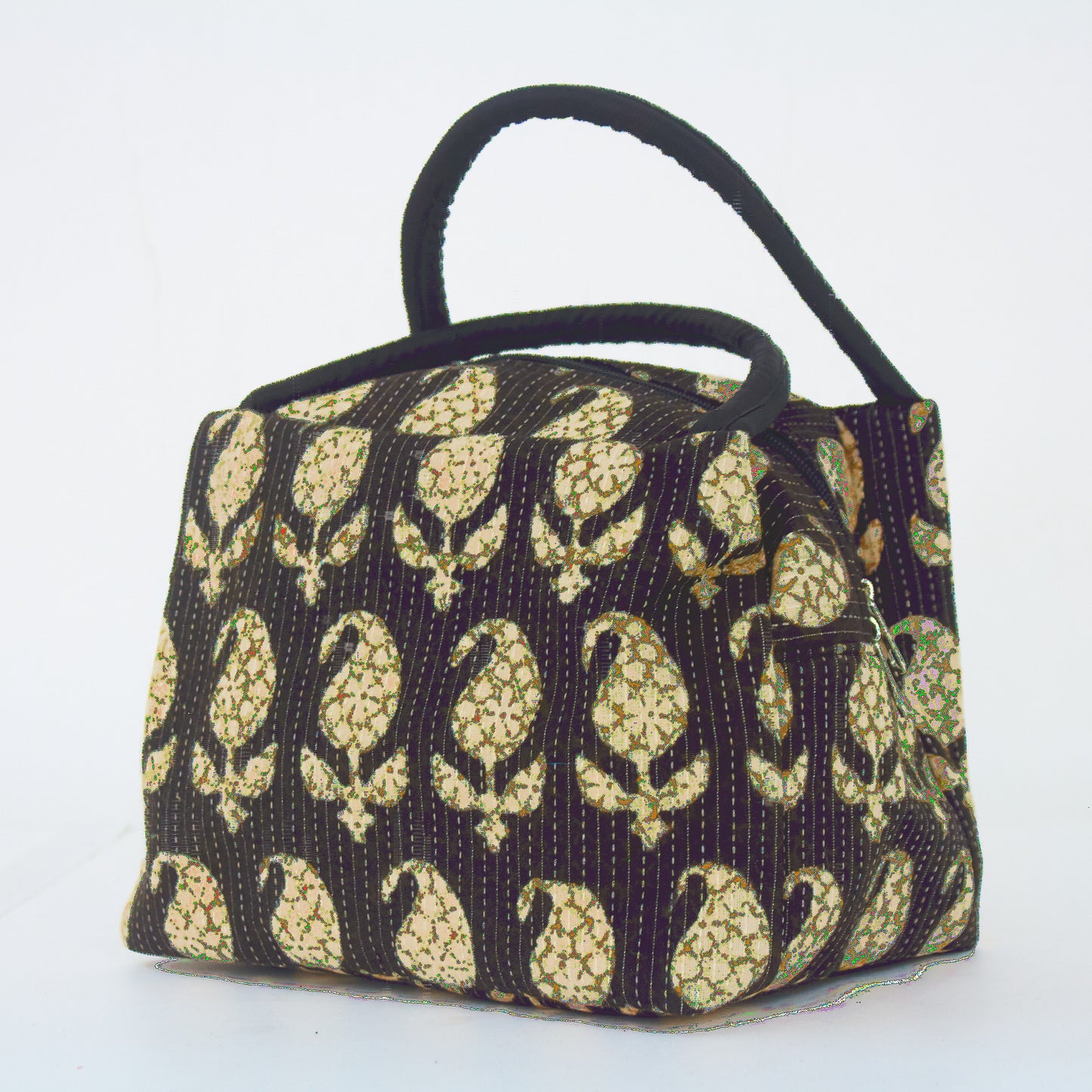 Coal Black Colored with Beautiful Leaves Design Lunch Bag - Made of Waste Fabric