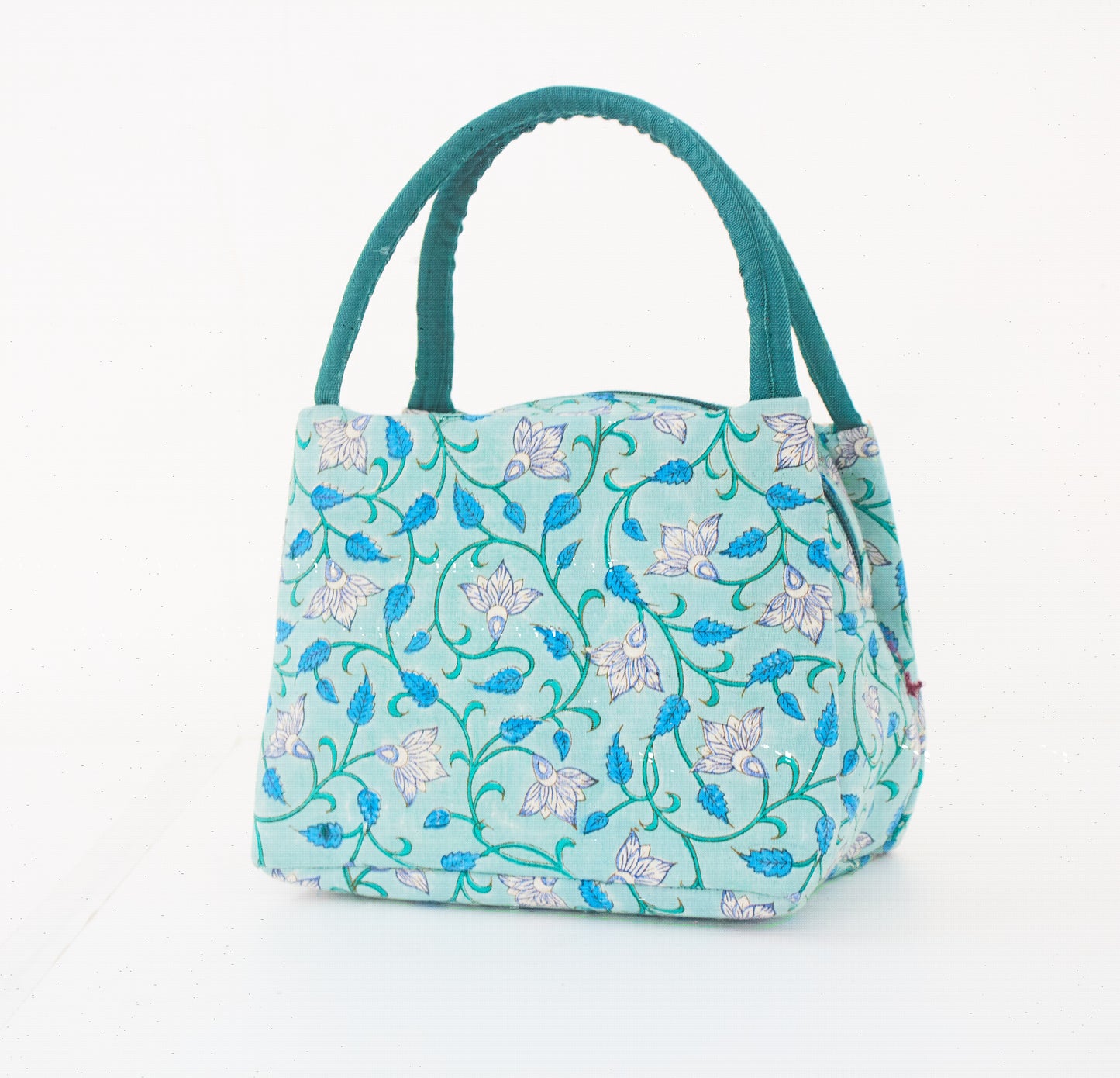 Sapphire Blue Colored with Flower Design Lunch Bag - Made of waste Fabric