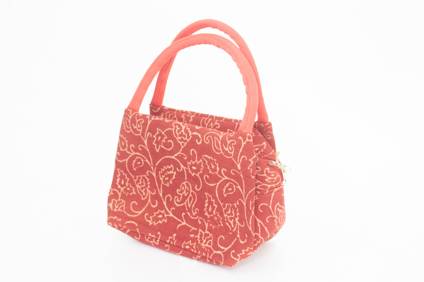 Crimson Red Colored with Flower Design Lunch Bag - Made of Waste Fabric