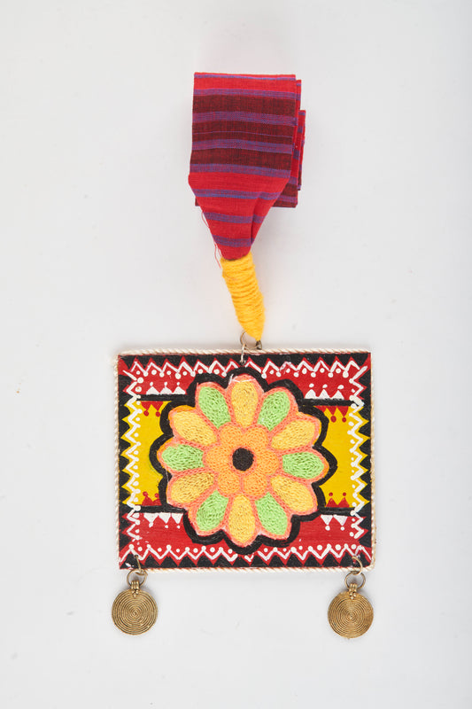 Multi Color Flora Design Pendant With Fabric Dori - Necklace