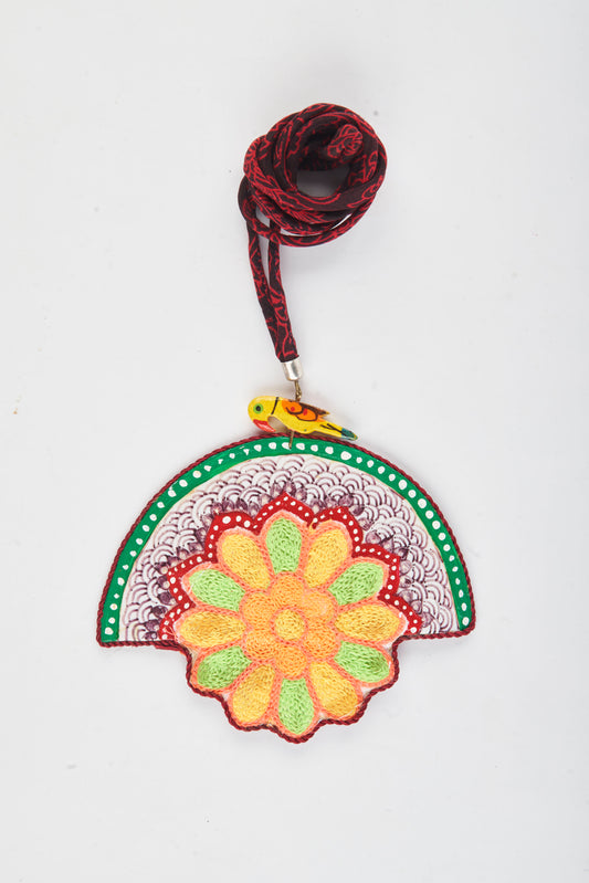 Flower Design Pendant With Black & Red Fabric Dori - Necklace