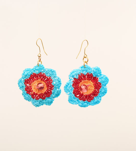 Sapphire Blue, Cherry Red & Cantaloupe Orange - Crochet Earring