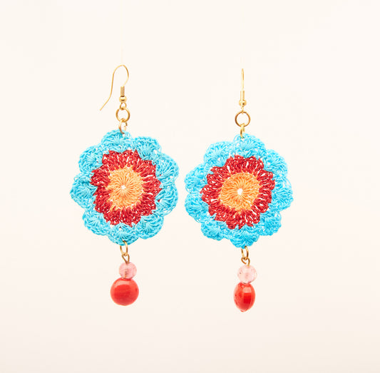 Sky Blue, Cheery Red & Cantaloupe Orange - Crochet Earring