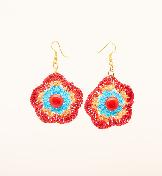 Apple Red, Cantaloupe Orange & Sky Blue - Crochet Earring