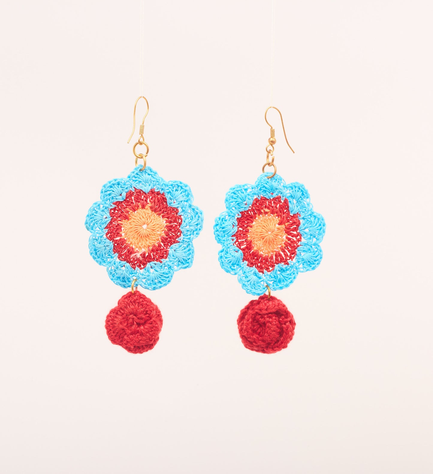 Sapphire Blue, Cherry Red & Cantaloupe Orange - Crochet Earring