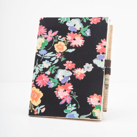 Flower Design on a Coal Black - Cloth Diary with Newspaper Pencil  - Medium Size