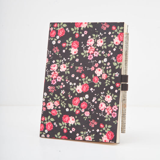 Flower Design on a Charcoal Black - Cloth Diary with Pencil - Medium Size