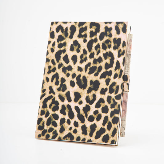 Leopard Design on Beige Brown - Cloth Diary with Newspaper Pencil - Medium Size