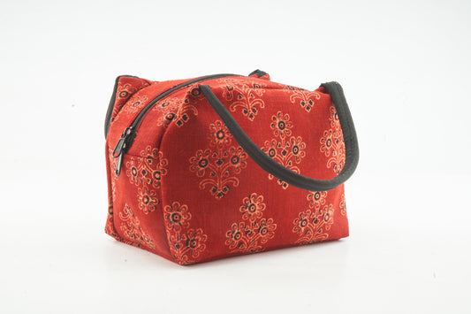 Cherry Red Colored with Floral Design Lunch - Made of Waste Fabric