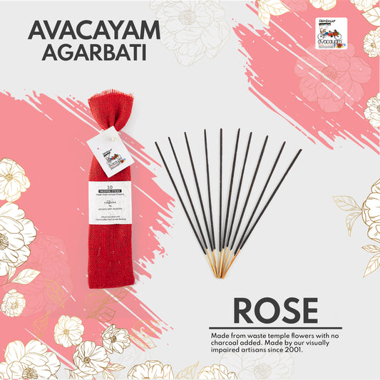 25 Rose Fragrance Agarbatis, All Natural Agarbati made from Temple Flowers - 100% Charcoal Free