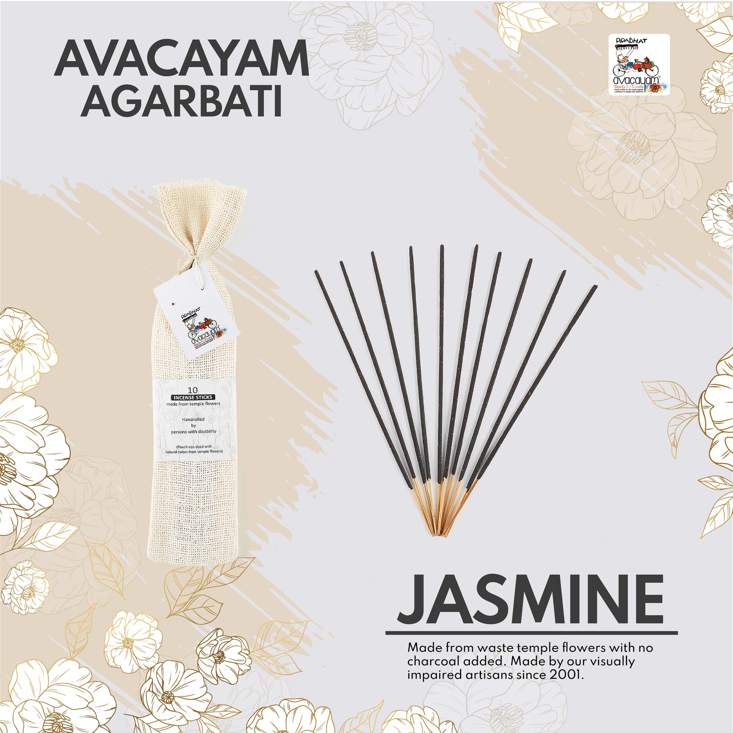 25 Jasmine Fragrance Agarbati, All Natural Agarbati made from Temple Flowers - 100% Charcoal Free