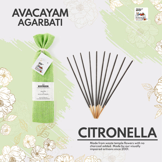 25 Citronella Fragrance Agarbati, All Natural Agarbati made from Temple Flowers - 100% Charcoal Free