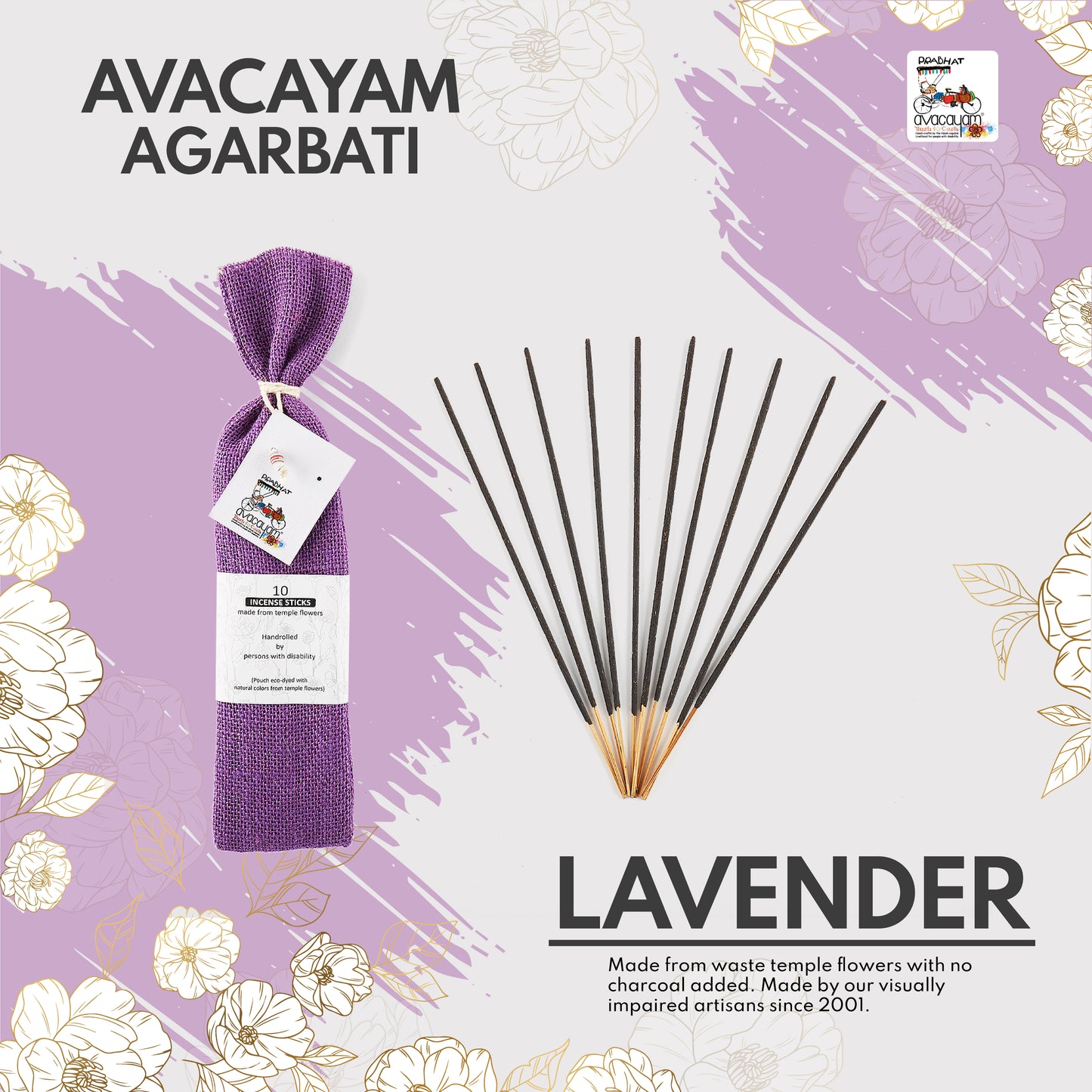 25 Lavinder Fragrance Agarbati, All Natural Agarbati made from Temple Flowers - 100% Charcoal Free