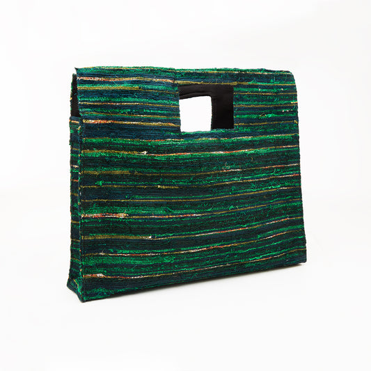 Dark Green Colored Ribbed _ Weave Hand Bag